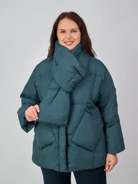 Пуховик женский с шарфом 8358 Размер 50-58 (петроль) Уценка