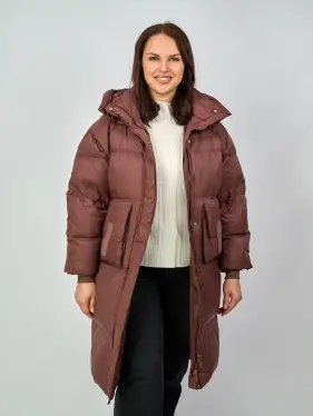 Пуховое пальто с кожаной вставкой 03741 Размер 48-54