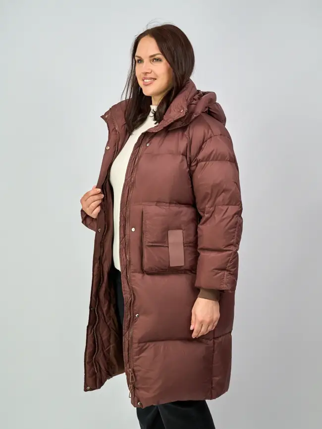 Пуховое пальто с кожаной вставкой 03741 Размер 48-54 фото 2