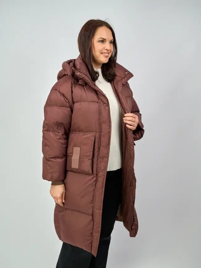 Пуховое пальто с кожаной вставкой 03741 Размер 48-54 фото 4