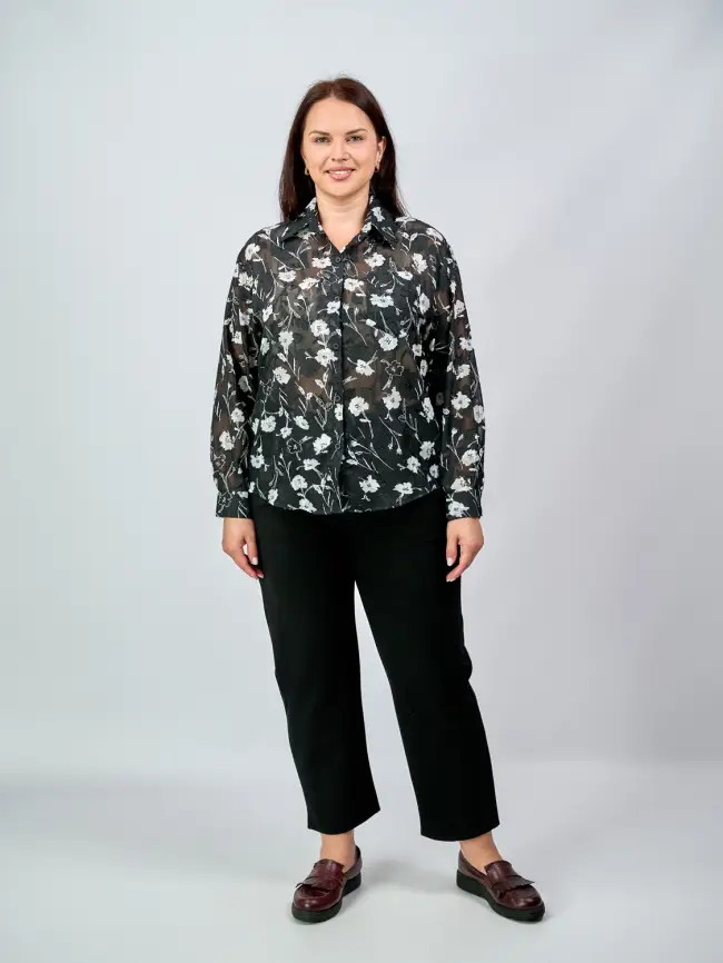 Блуза в цветочек 135-5 Размер 50-58 фото 2