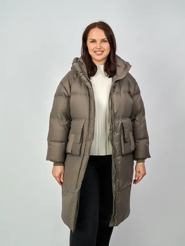 Пуховое пальто с кожаной вставкой 03741 Размер 48-54 фото 22