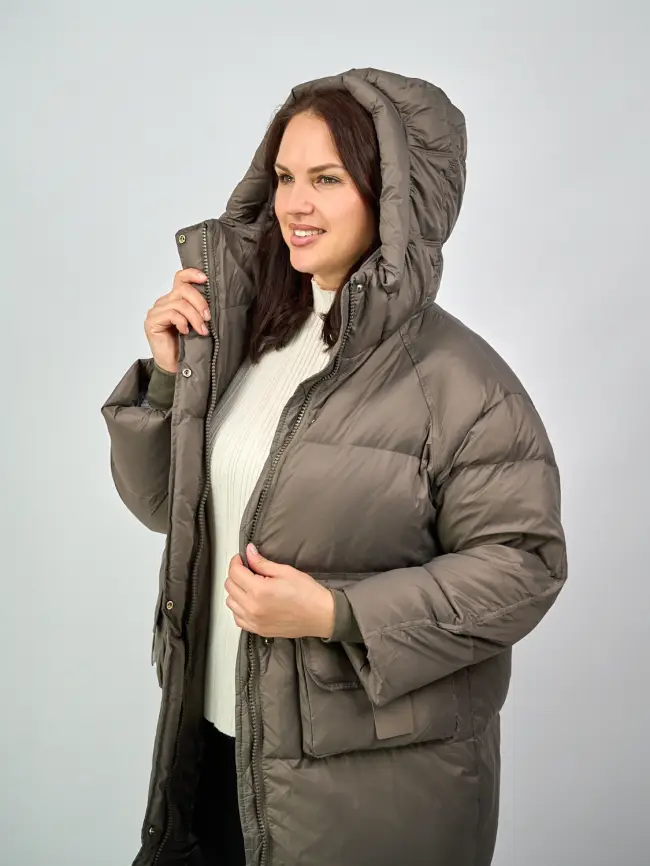 Пуховое пальто с кожаной вставкой 03741 Размер 48-54 фото 23